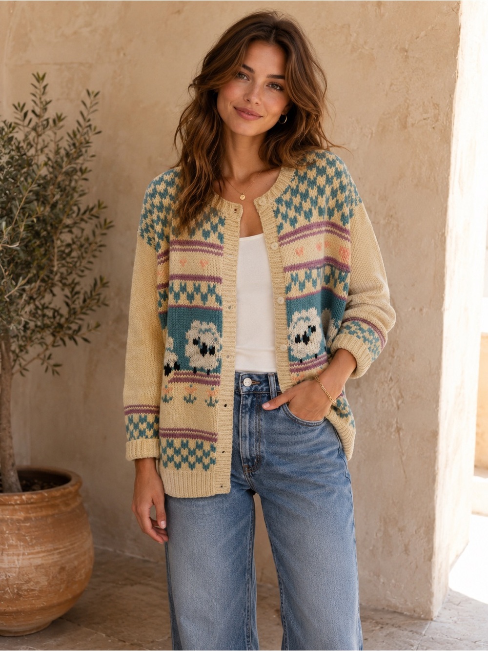 Woolrich Cream & Teal and pink Lamb Intarsia Cardigan Sweater